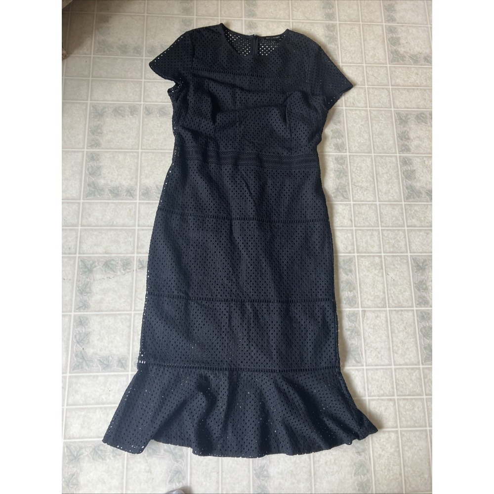Banana Republic dress Black Eyelet Short Slv Ruffled Lined Midi Hi Lo Hem sz 14